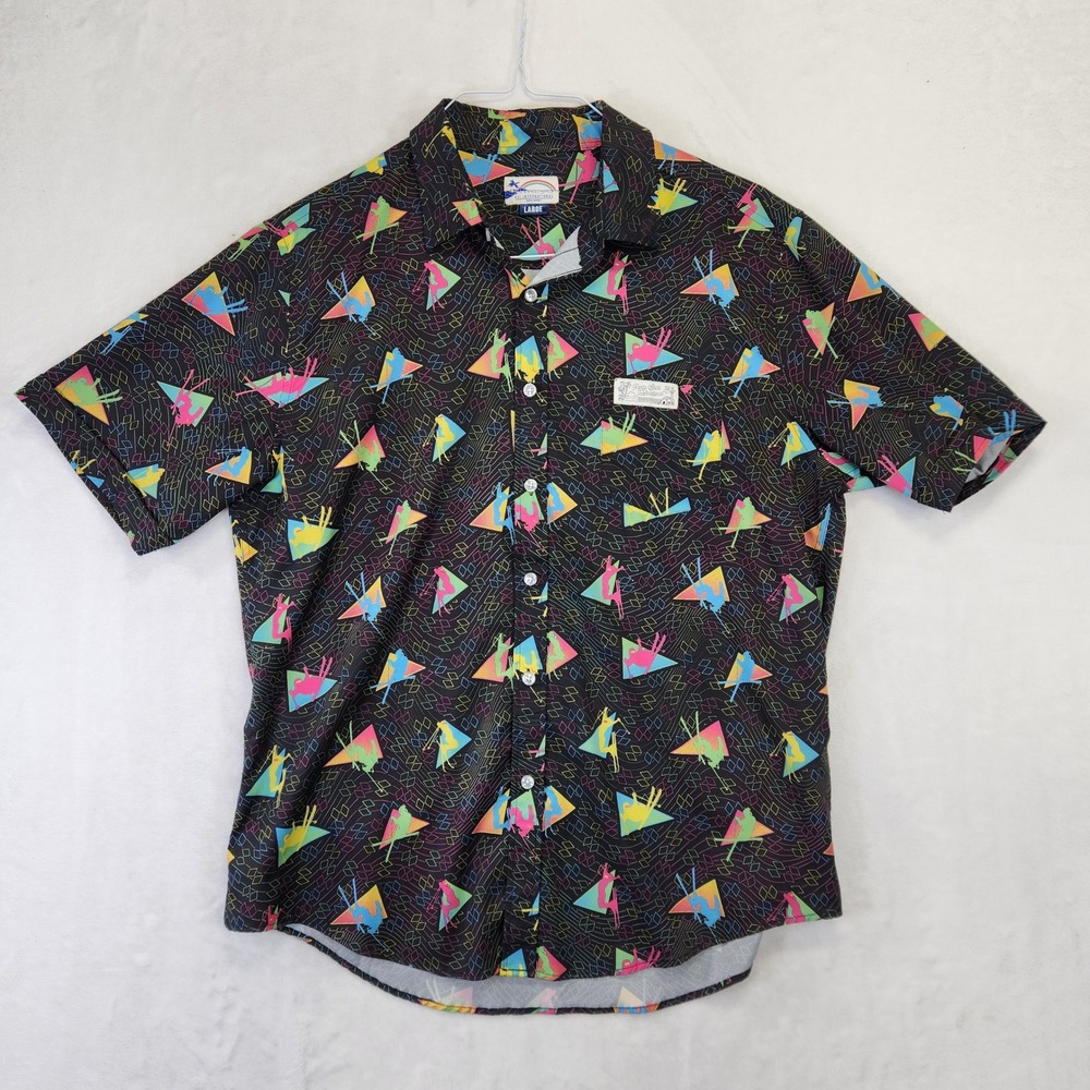 Party Shirt International Mens Large Black Neon 80s Geometric Skier Button Down